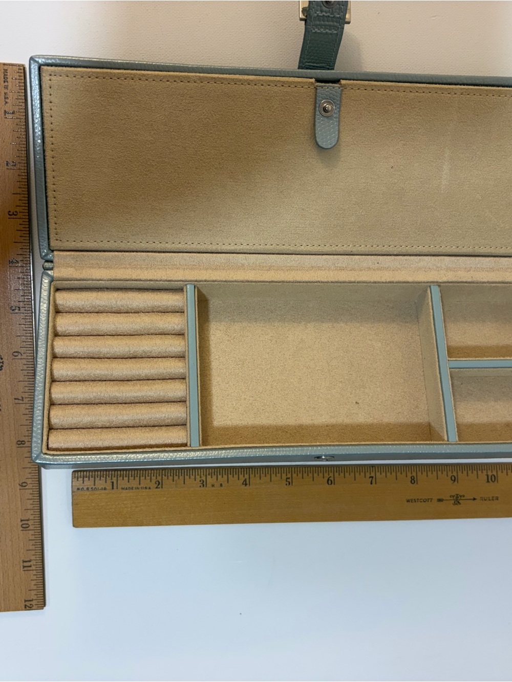 WOLF teal and beige Jewelry Organizer Box with Ring Rolls